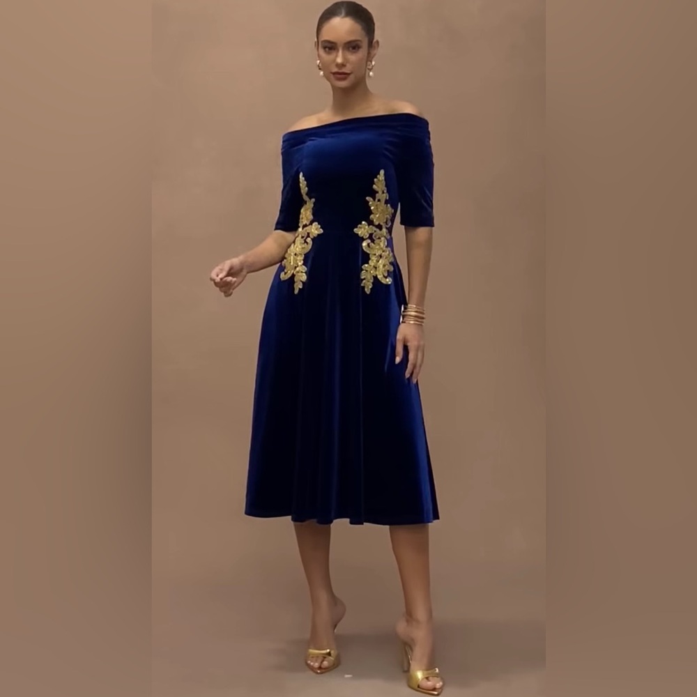 Fehaute Off-Shoulder Navy Velvet Midi Dress with Gold Embellishments